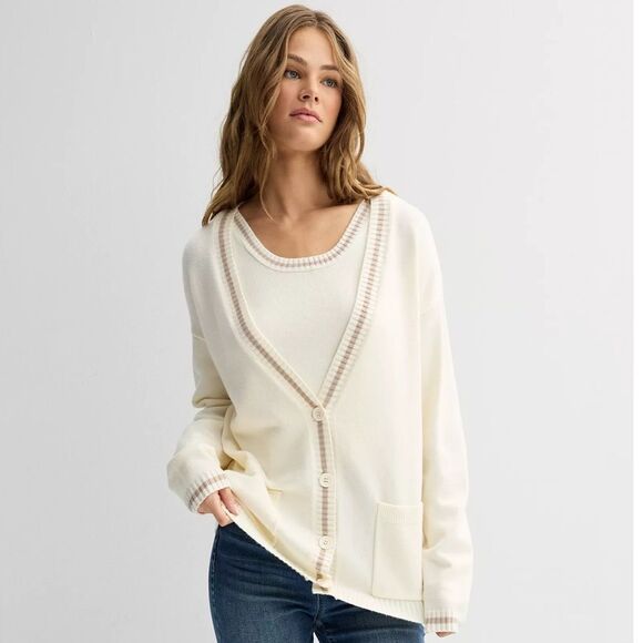 Pink Republic M Ivory Tan Stripe Trim Knit Button V-Neck Cardigan with Pockets - Picture 1 of 16